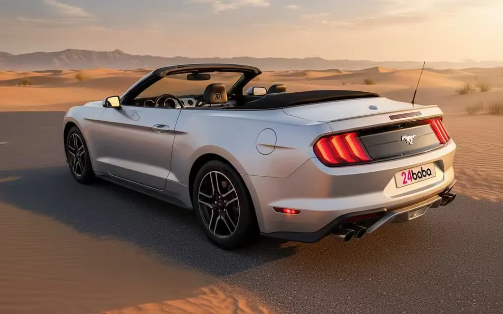Ford Mustang 2022 Silver rear view showing taillights – rental in Dubai
