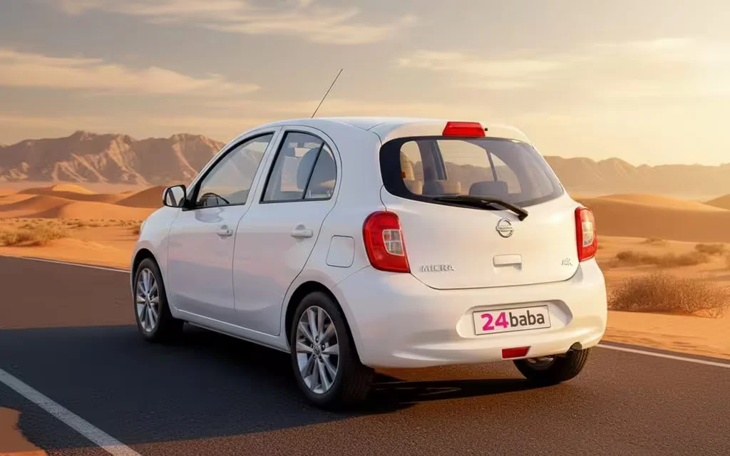 Nissan Micra 2020 White rear view showing taillights – rental in Dubai