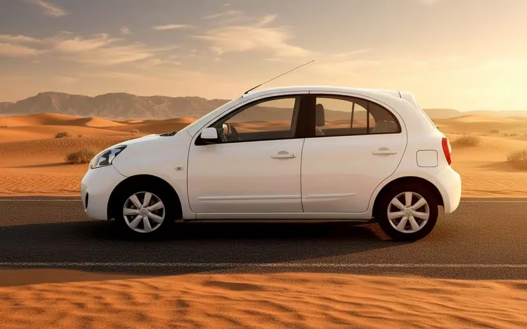 Nissan Micra 2020 White side profile – rental in Dubai