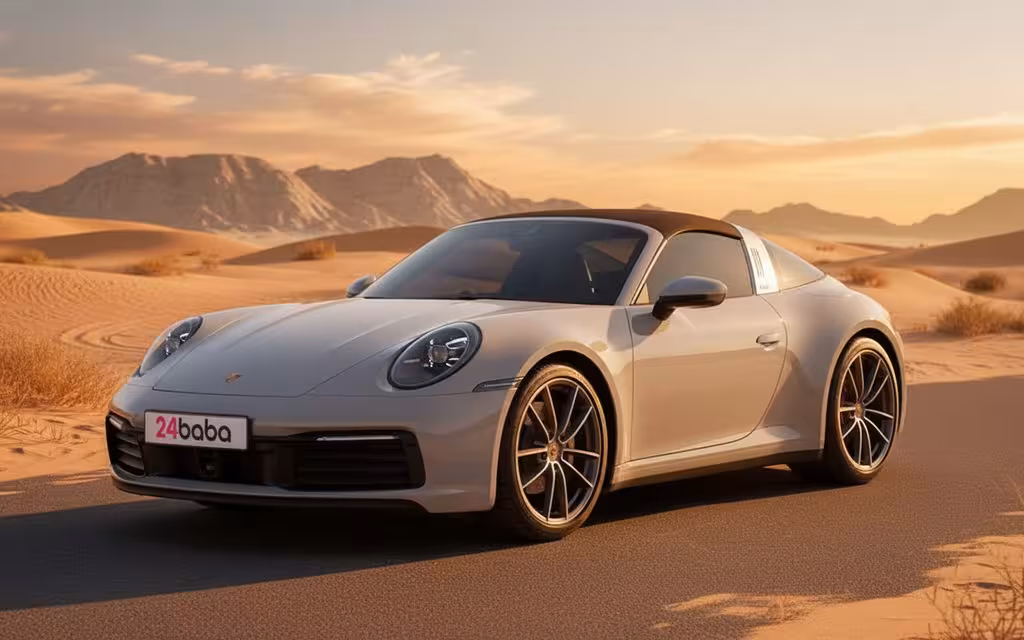 Porsche 911 2023 Grey front view with headlights – rental in Dubai