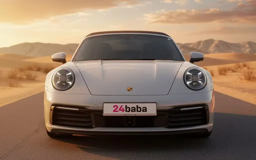 Porsche 911 2023 Grey front view with headlights – rental in Dubai