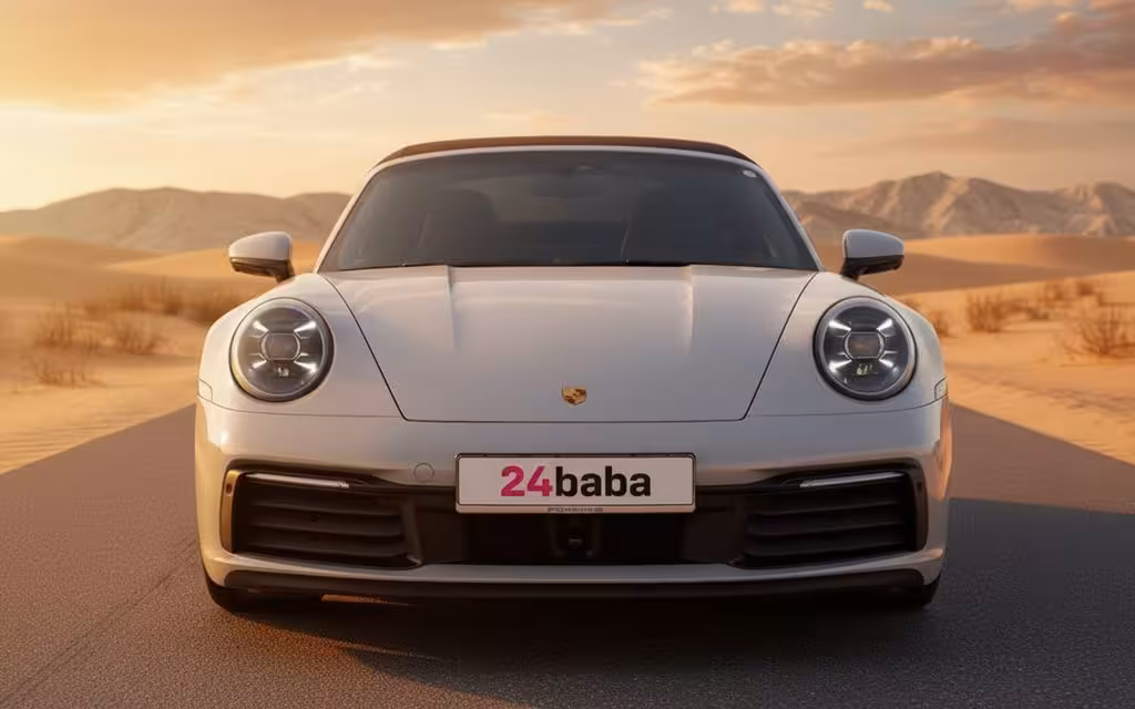 Porsche 911 2023 Grey front view with headlights – rental in Dubai