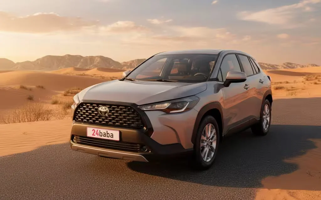 Toyota CorollaCross 2024 Beige front view with headlights – rental in Dubai