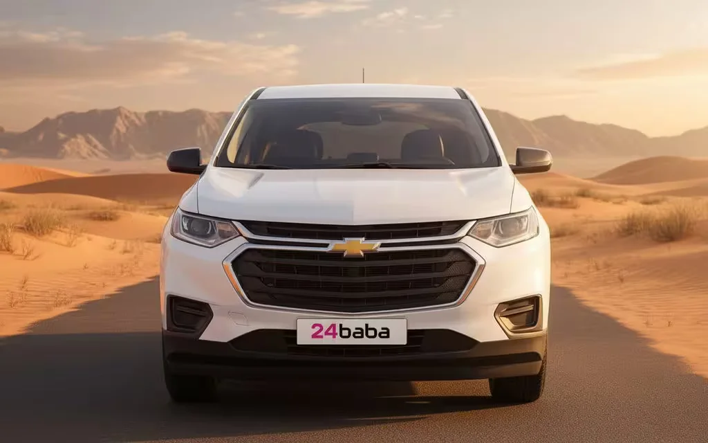 Chevrolet Traverse 2020 White front view with headlights – rental in Dubai