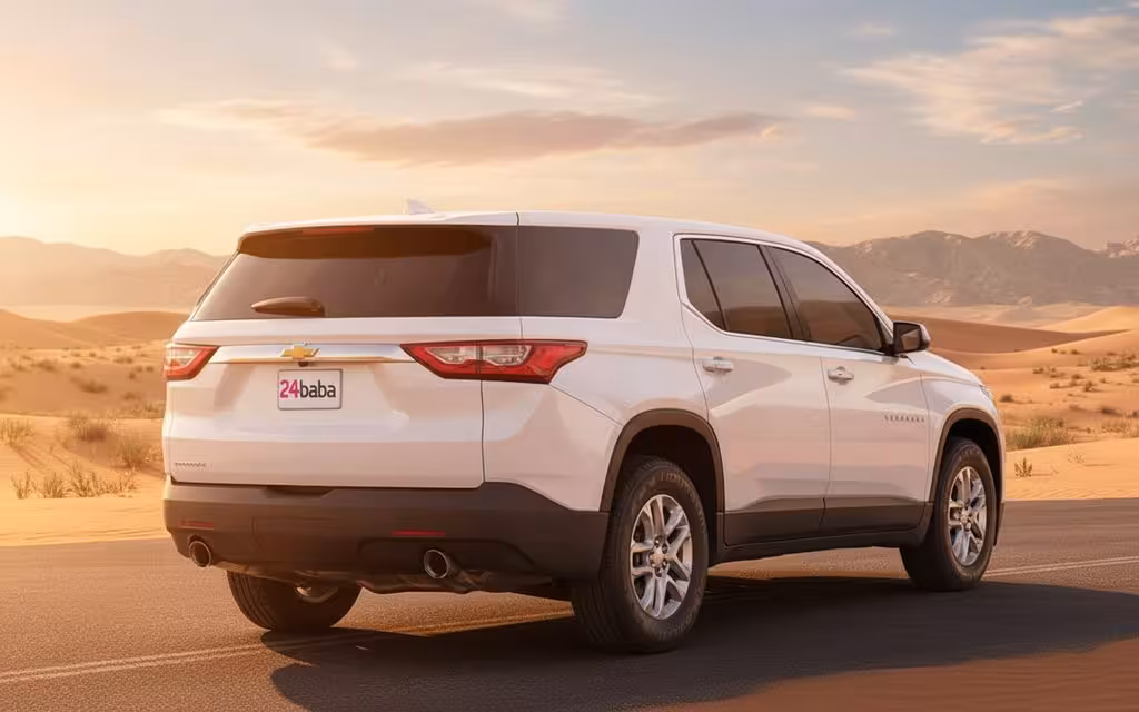 Chevrolet Traverse 2020 White parked outdoor scene – rental in Dubai