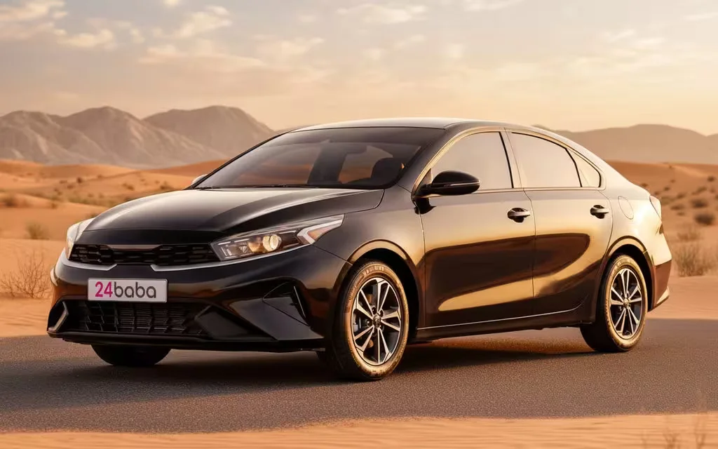 Kia Forte 2024 Black front view with headlights – rental in Dubai