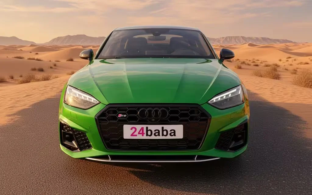 Audi S5 2022 Green front view with headlights – rental in Dubai