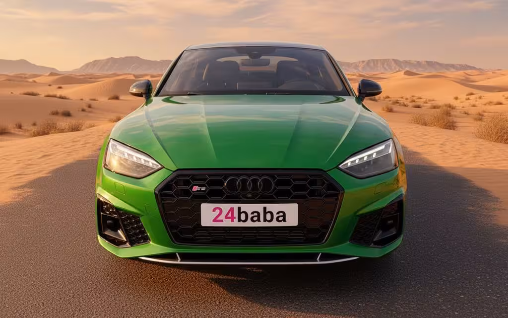 Audi S5 2022 Green front view with headlights – rental in Dubai