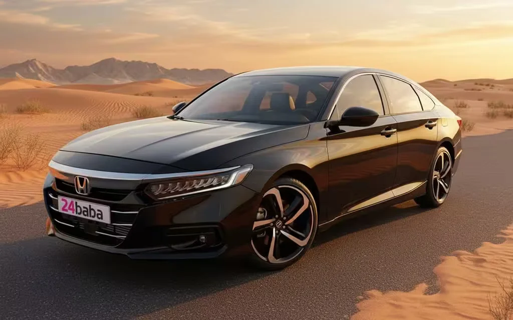 Honda Accord 2023 Black front view with headlights – rental in Dubai