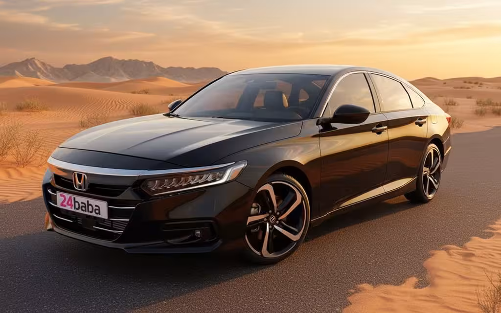 Honda Accord 2023 Black front view with headlights – rental in Dubai