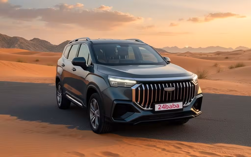 Geely Okavango 2025 Grey front view with headlights – rental in Dubai