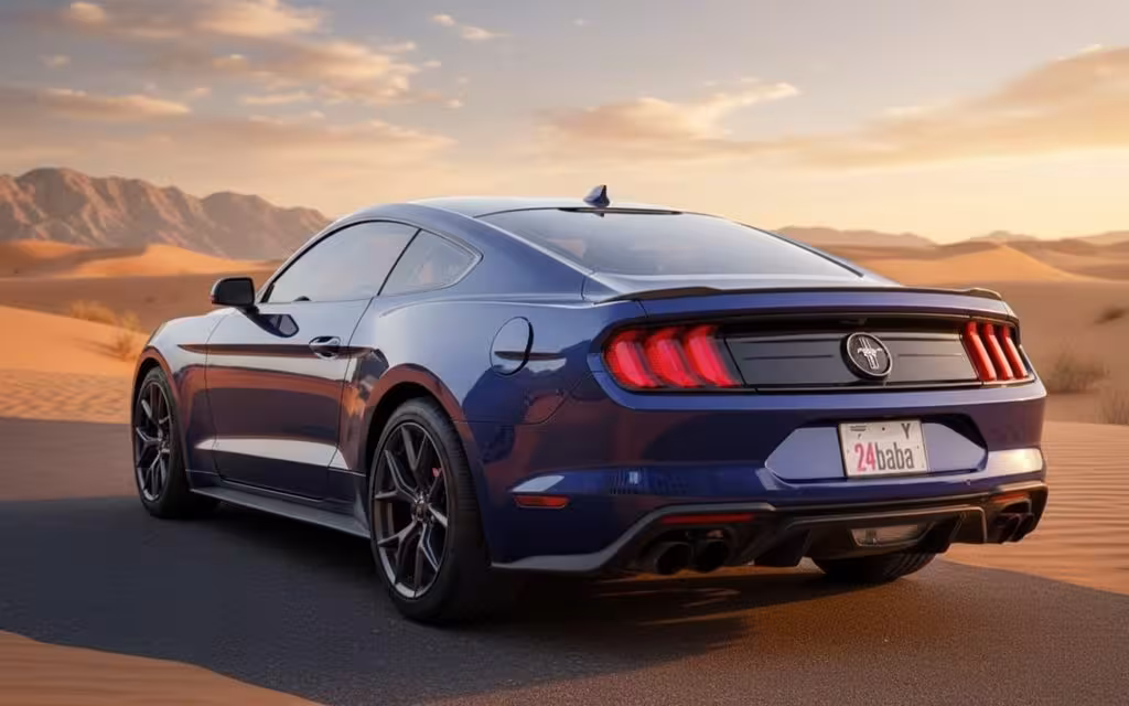 Ford Mustang 2020 Blue rear view showing taillights – rental in Dubai