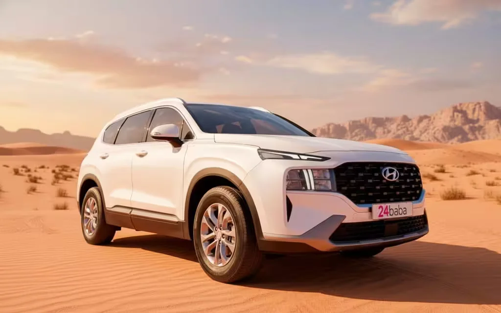 Hyundai SantaFe 2023 White front view with headlights – rental in Dubai