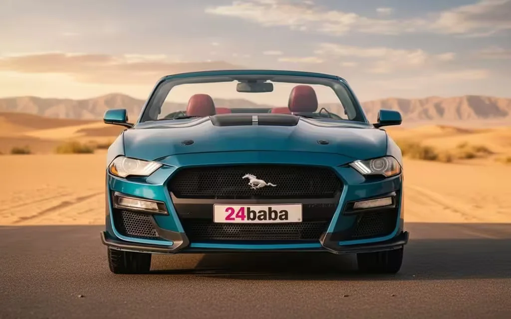 Ford Mustang 2025 Blue front view with headlights – rental in Dubai