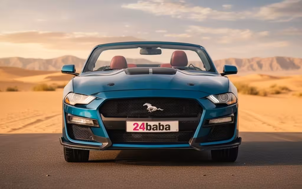 Ford Mustang 2025 Blue front view with headlights – rental in Dubai