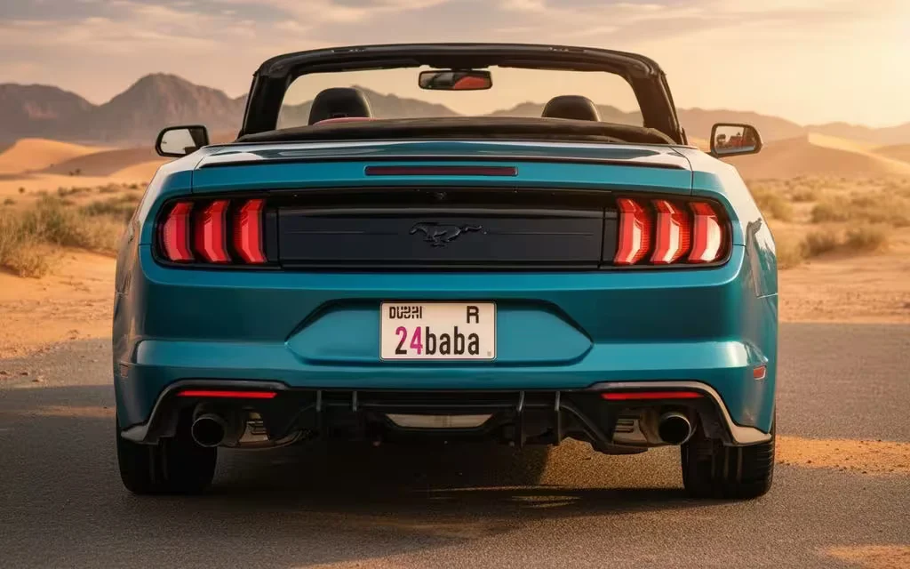Ford Mustang 2025 Blue rear view showing taillights – rental in Dubai
