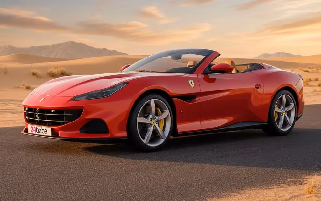 Ferrari Portofino 2024 Red front view with headlights – rental in Dubai