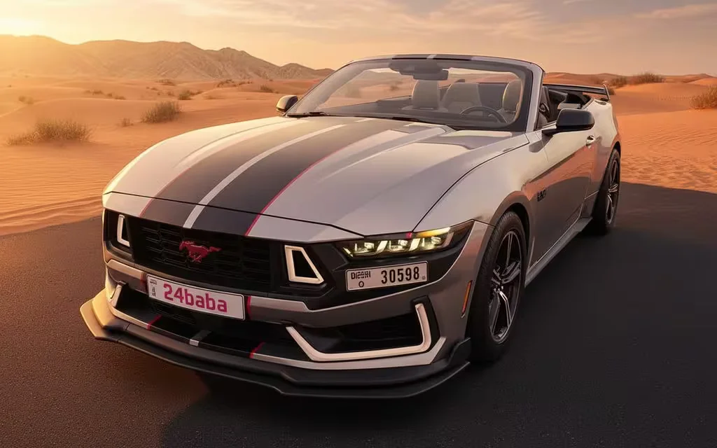 Ford Mustang 2024 Grey front view with headlights – rental in Dubai