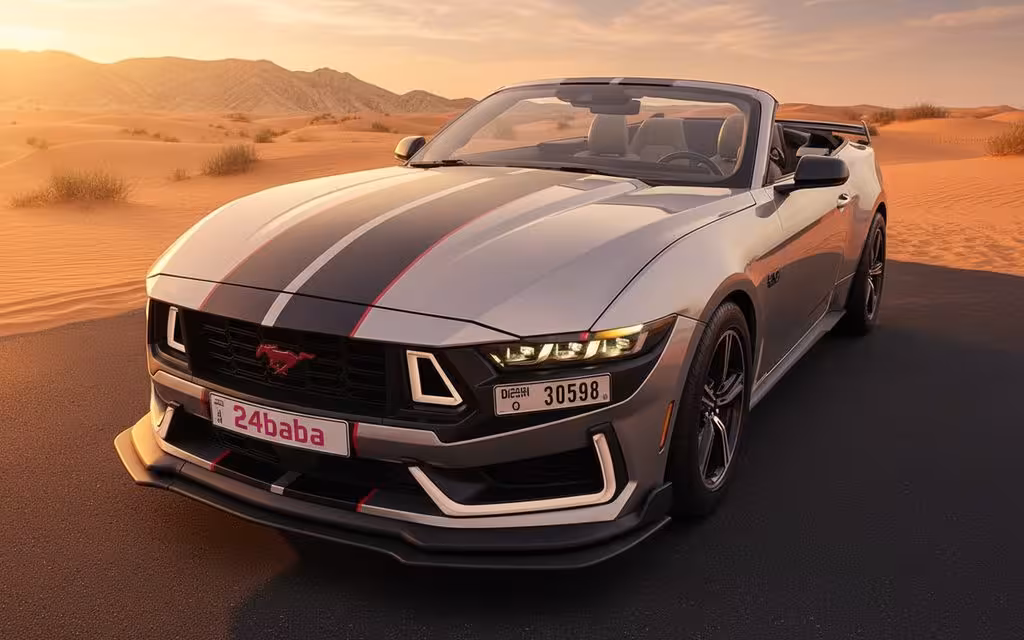 Ford Mustang 2024 Grey front view with headlights – rental in Dubai