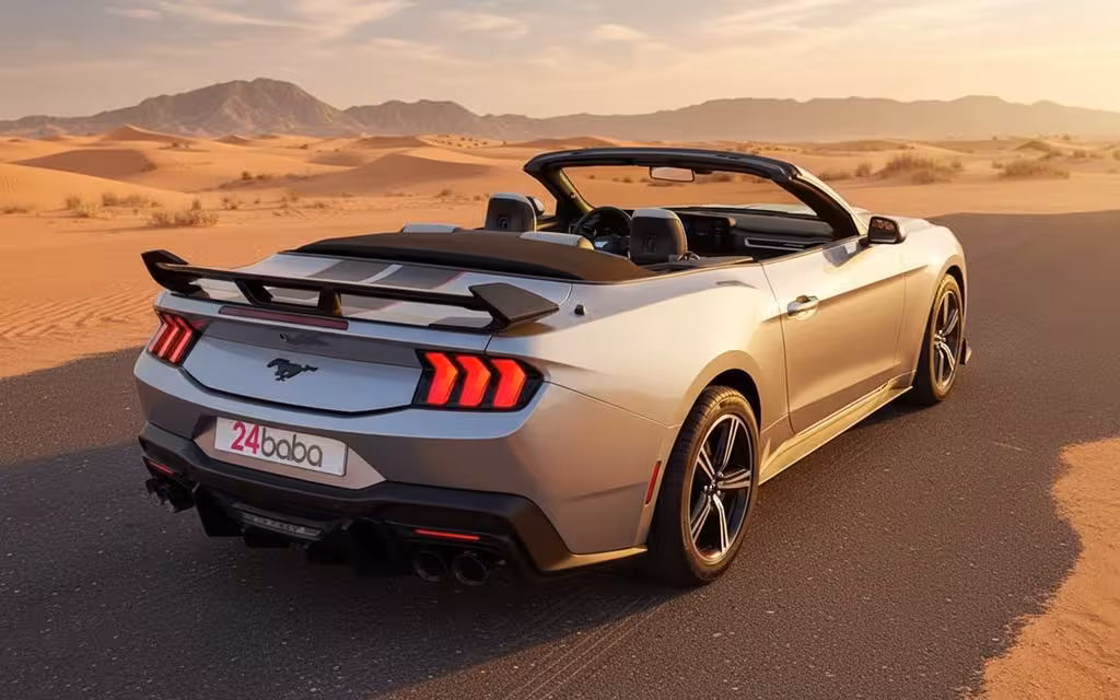 Ford Mustang 2024 Grey rear view showing taillights – rental in Dubai