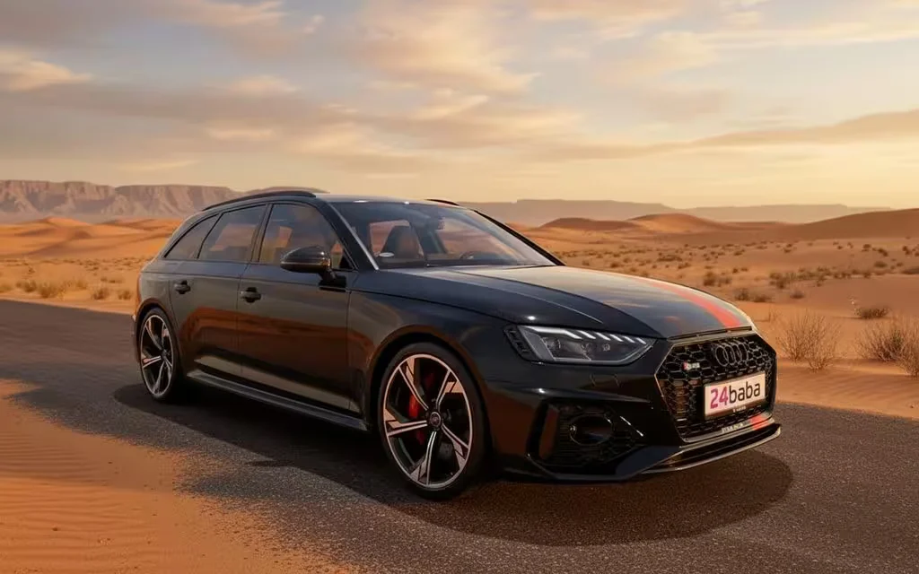 Audi Rs4 2025 Black front view with headlights – rental in Dubai