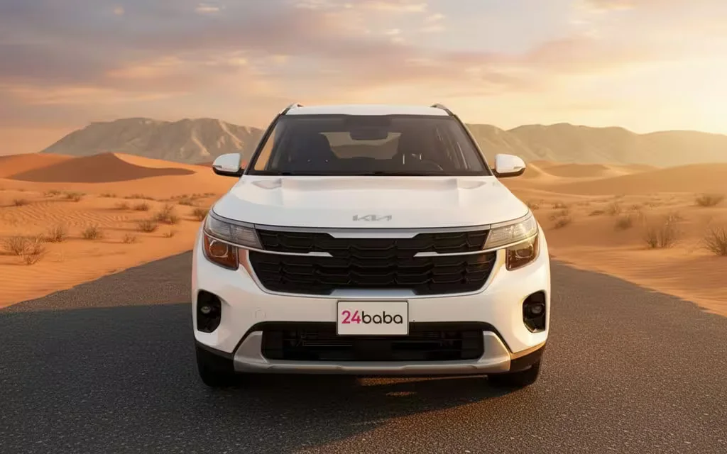 Kia Seltos 2024 White front view with headlights – rental in Dubai