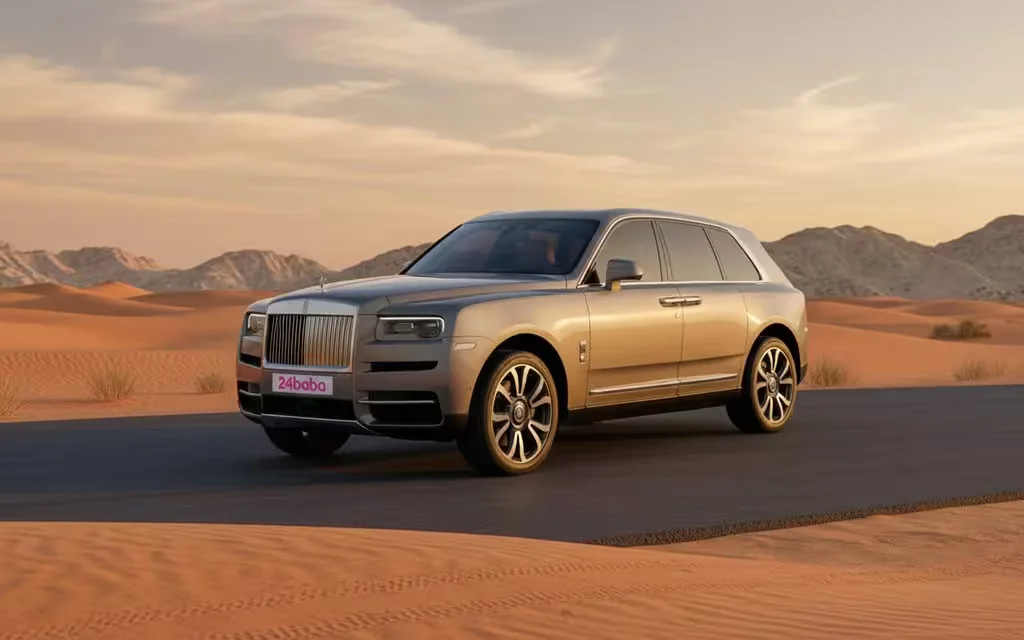 RollsRoyce Cullinan 2021 Silver front view with headlights – rental in Dubai