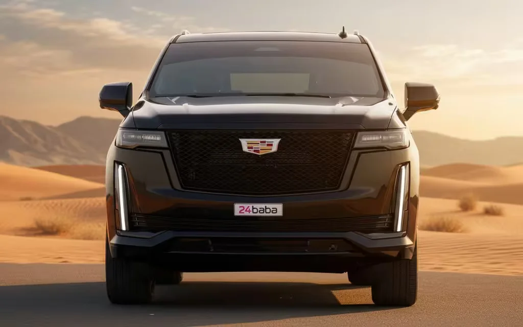 Cadillac Escalade 2021 Black front view with headlights – rental in Dubai