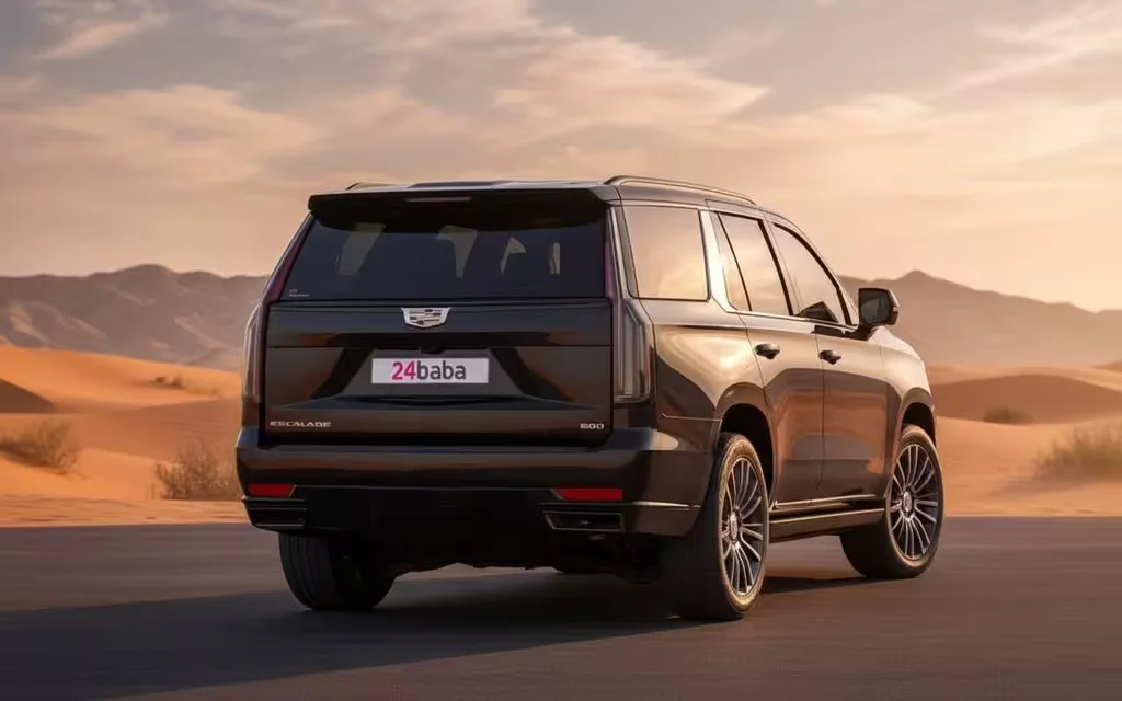 Cadillac Escalade 2021 Black rear view showing taillights – rental in Dubai
