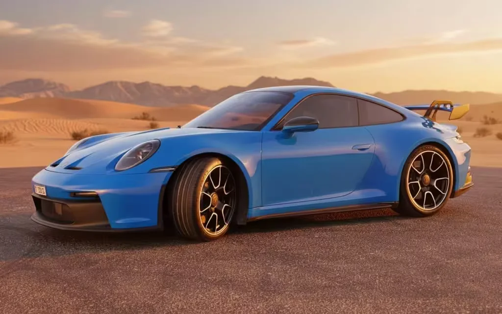 Porsche 911 2022 Blue front view with headlights – rental in Dubai
