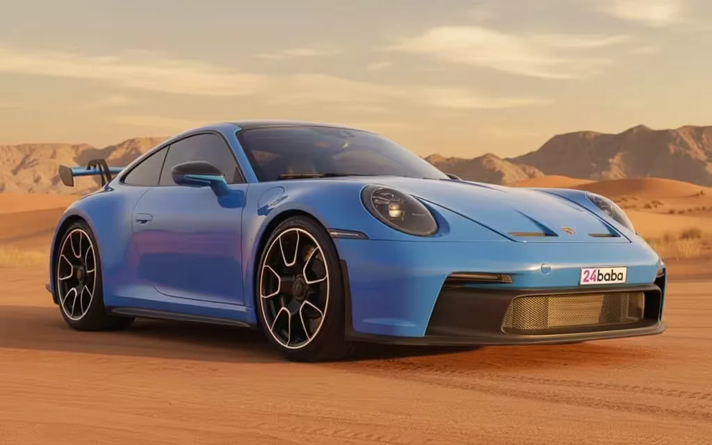 Porsche 911 2022 Blue front view with headlights – rental in Dubai