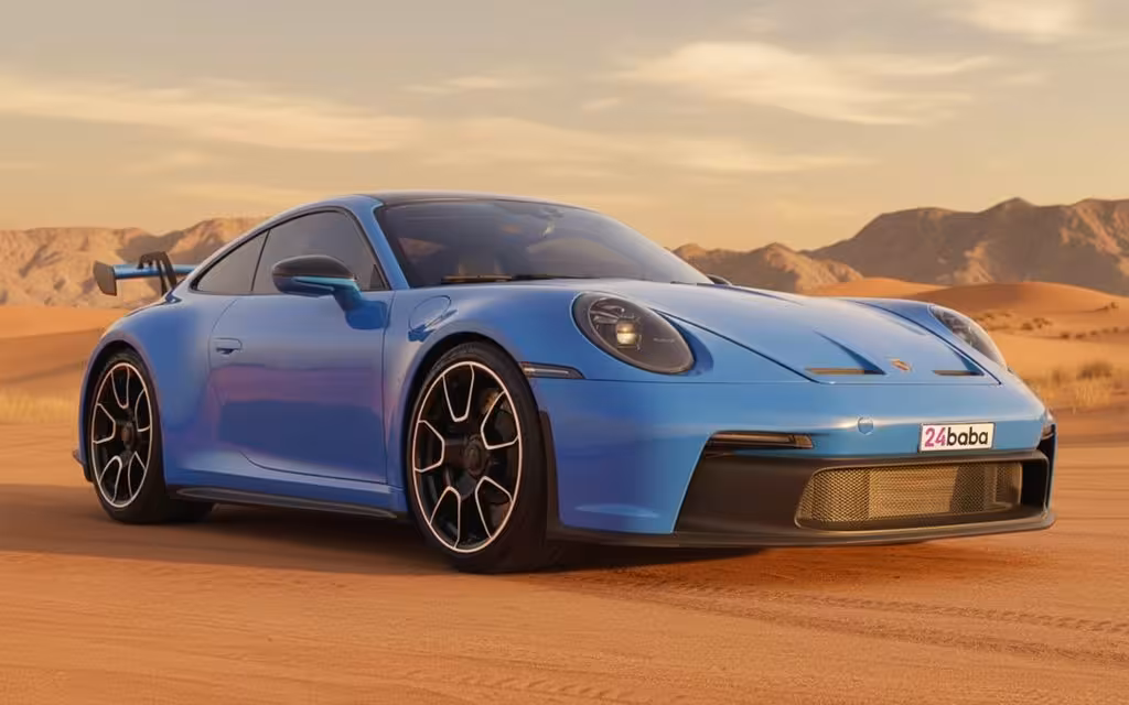 Porsche 911 2022 Blue front view with headlights – rental in Dubai