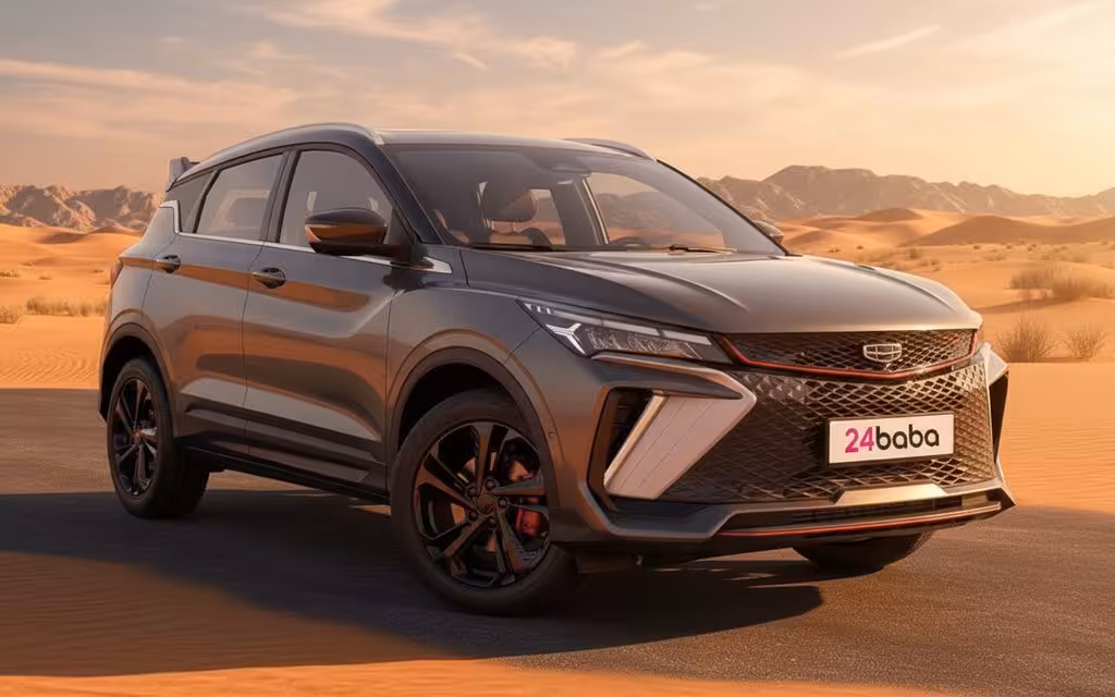 Geely Coolray 2025 Grey front view with headlights – rental in Dubai