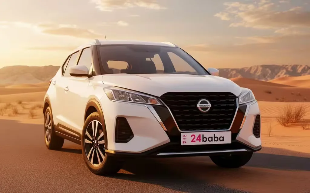 Nissan Kicks 2021 White front view with headlights – rental in Dubai