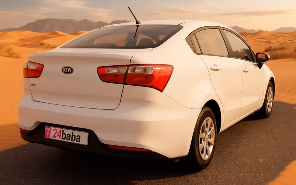 Kia Rio 2025 White rear view showing taillights – rental in Dubai