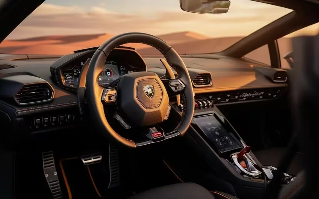 Lamborghini Huracan 2025 interior view showing trim – rental in Dubai