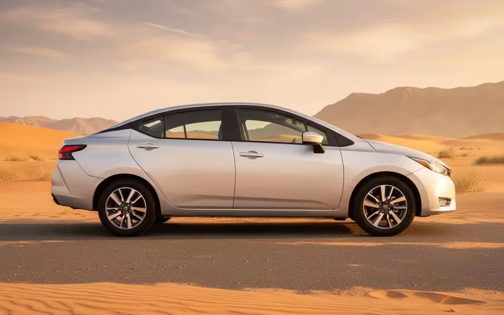 Nissan Versa 2024 Silver side profile – rental in Dubai