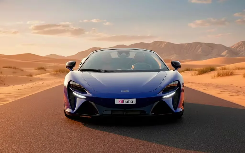 Mclaren Artura 2025 Blue front view with headlights – rental in Dubai