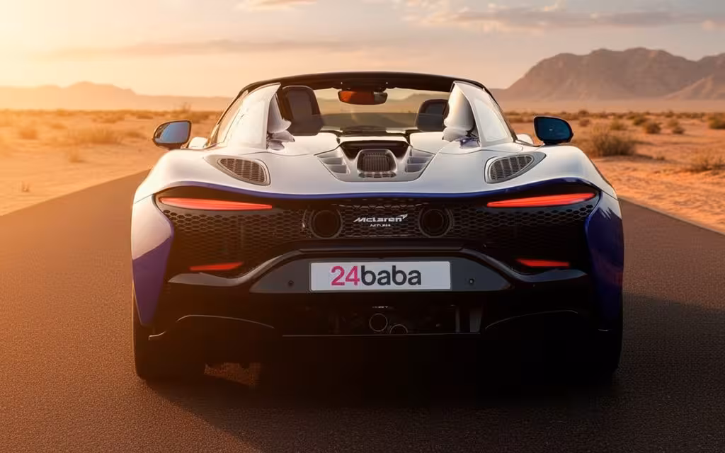 Mclaren Artura 2025 Blue rear view showing taillights – rental in Dubai