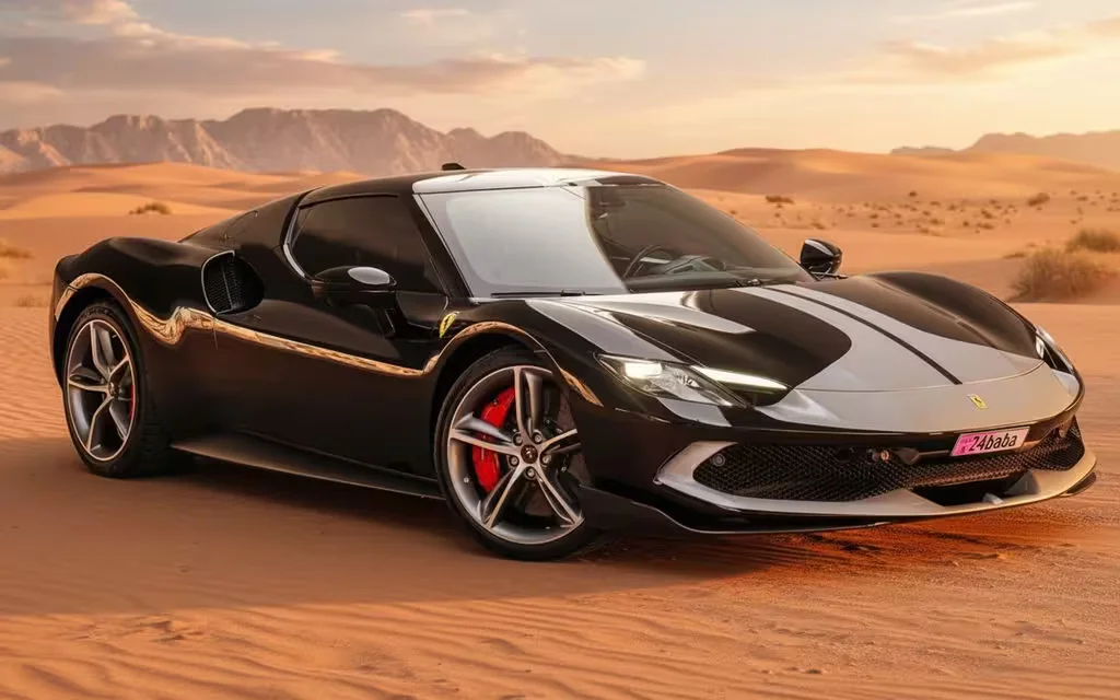 Ferrari 296 2024 Black front view with headlights – rental in Dubai
