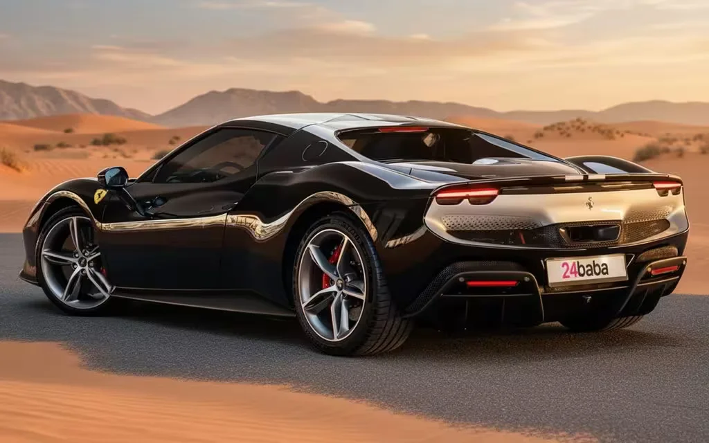 Ferrari 296 2024 Black rear view showing taillights – rental in Dubai