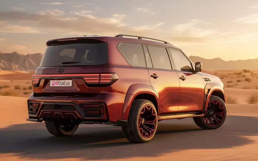 Nissan Patrol 2021 Red rear view showing taillights – rental in Dubai