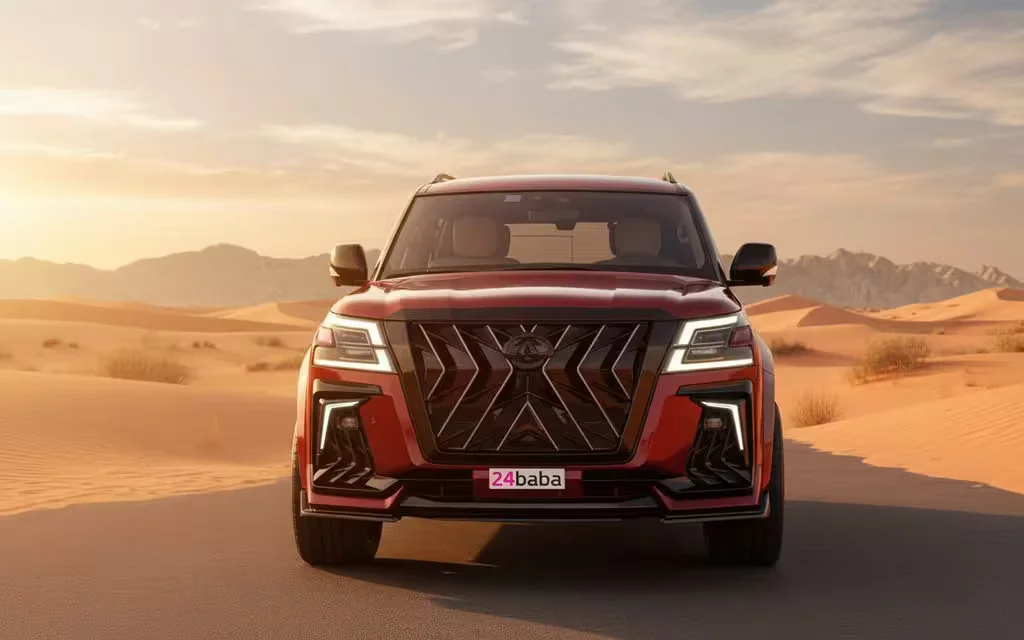 Nissan Patrol 2021 Red front view with headlights – rental in Dubai