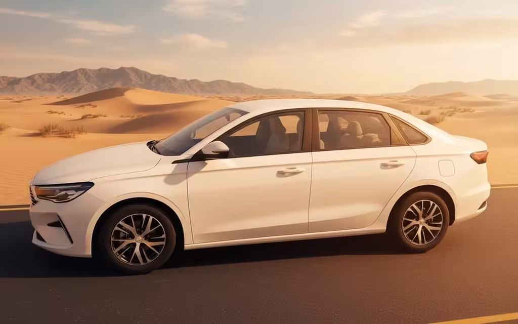 Geely Emgrand 2025 White side profile – rental in Dubai