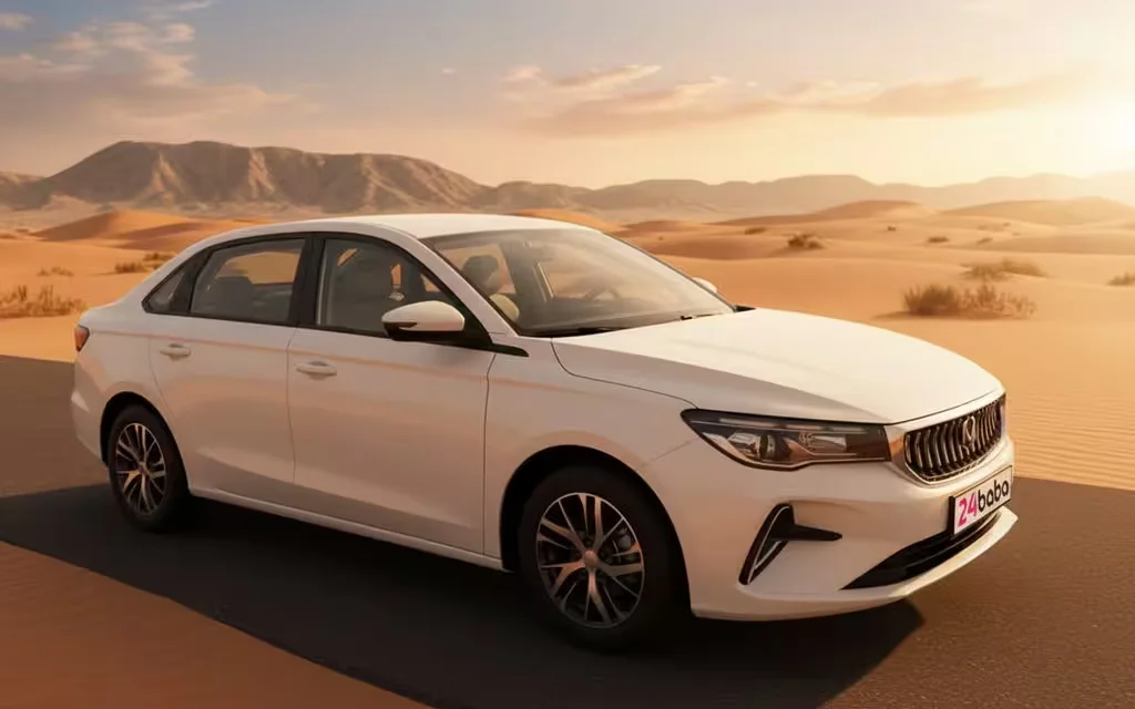 Geely Emgrand 2025 White parked outdoor scene – rental in Dubai