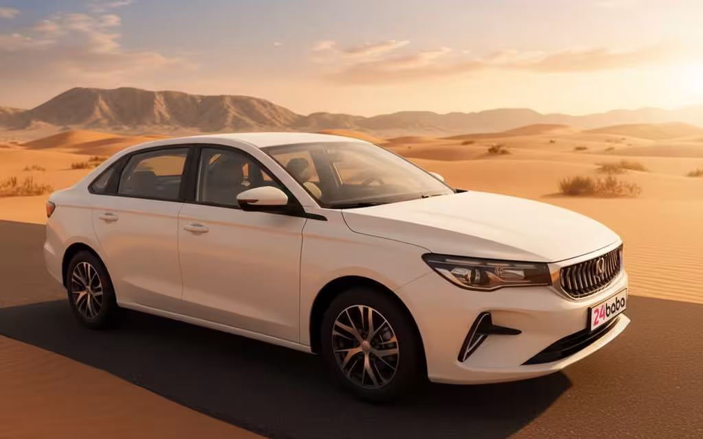 Geely Emgrand 2025 White parked outdoor scene – rental in Dubai