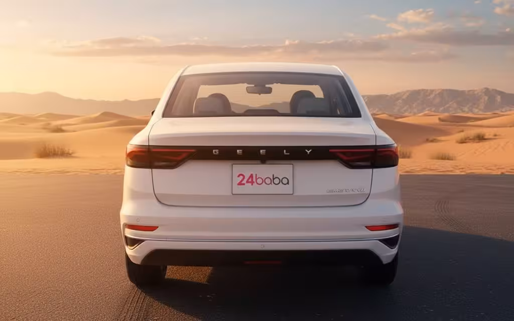 Geely Emgrand 2025 White rear view showing taillights – rental in Dubai