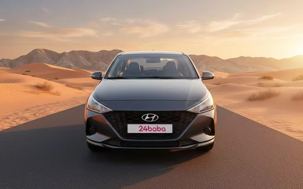 Hyundai Accent 2023 Grey front view with headlights – rental in Dubai