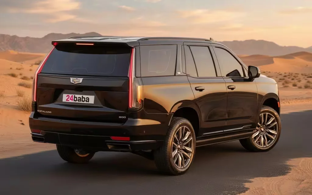 Cadillac Escalade 2022 Black rear view showing taillights – rental in Dubai