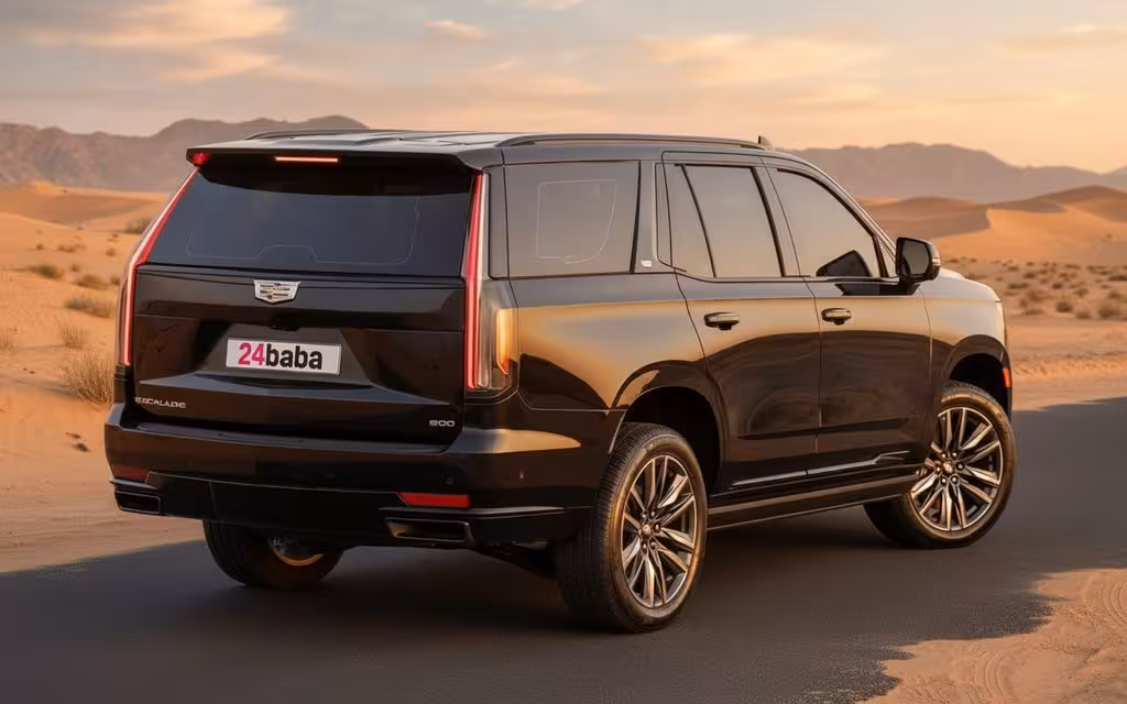 Cadillac Escalade 2022 Black rear view showing taillights – rental in Dubai